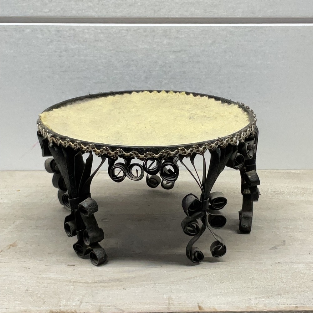 Handmade Folk Art Metal Scrollwork Pedestal Display Stand Riser Black Cream 4in